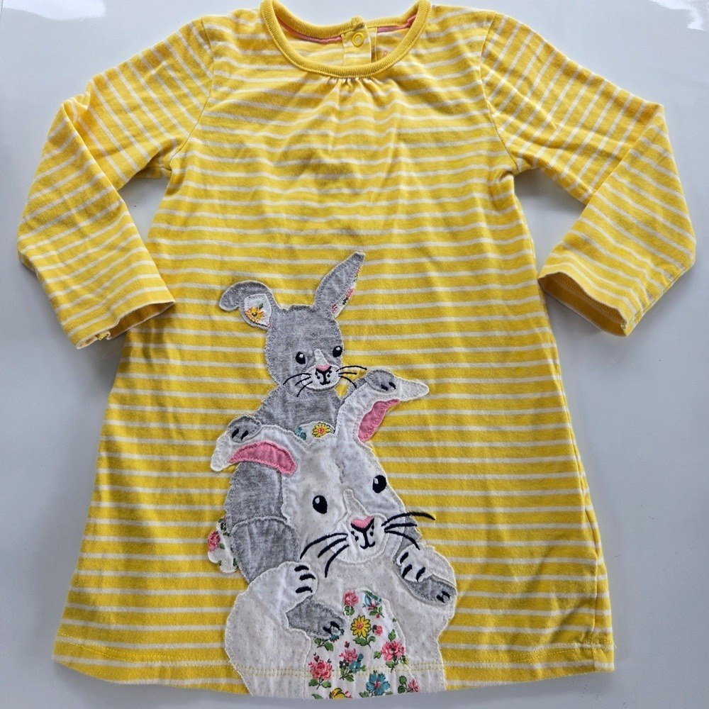 Baby‎ Boden Girls Yellow Striped Bunny Appliqué Dress - Cotton